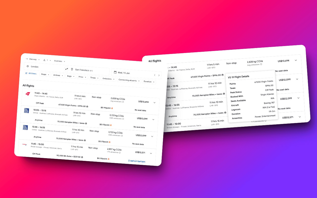 Award Travel Finder extension comparing loyalty program costs and budget details