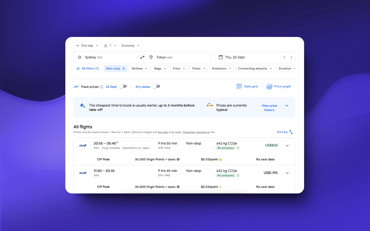 Award Travel Finder extension showing points and miles costs on Google Flights search results